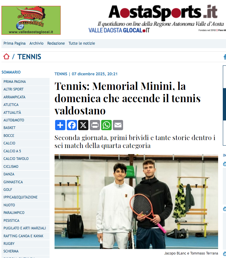 Tennis: Memorial Minini, la domenica che accende il tennis valdostano