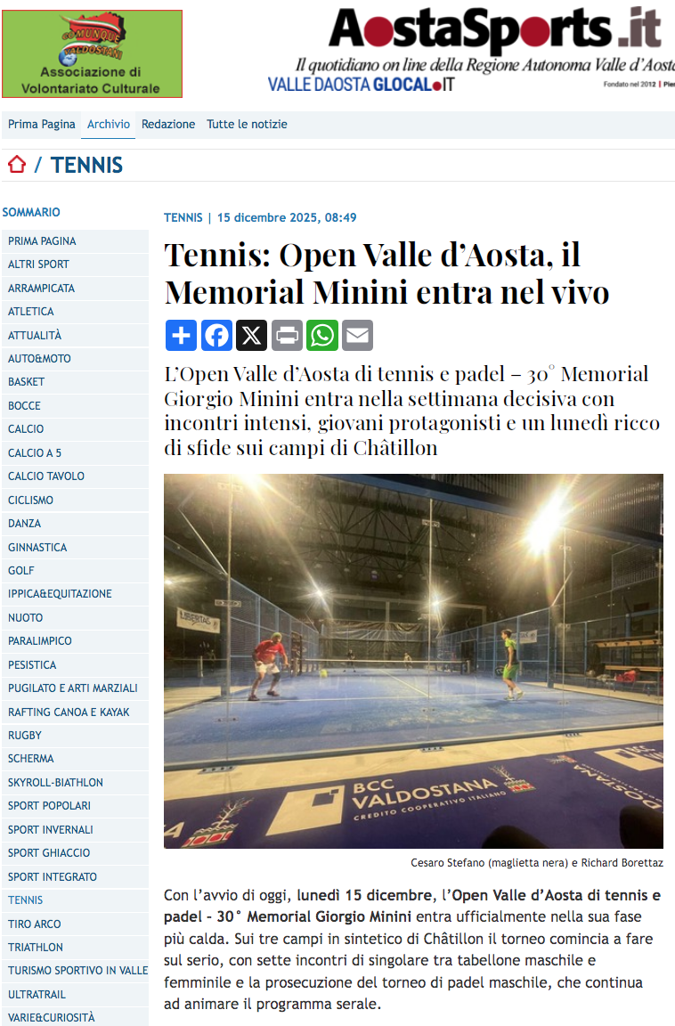 Tennis: Open Valle d'Aosta, il Memorial Minini entra nel vivo